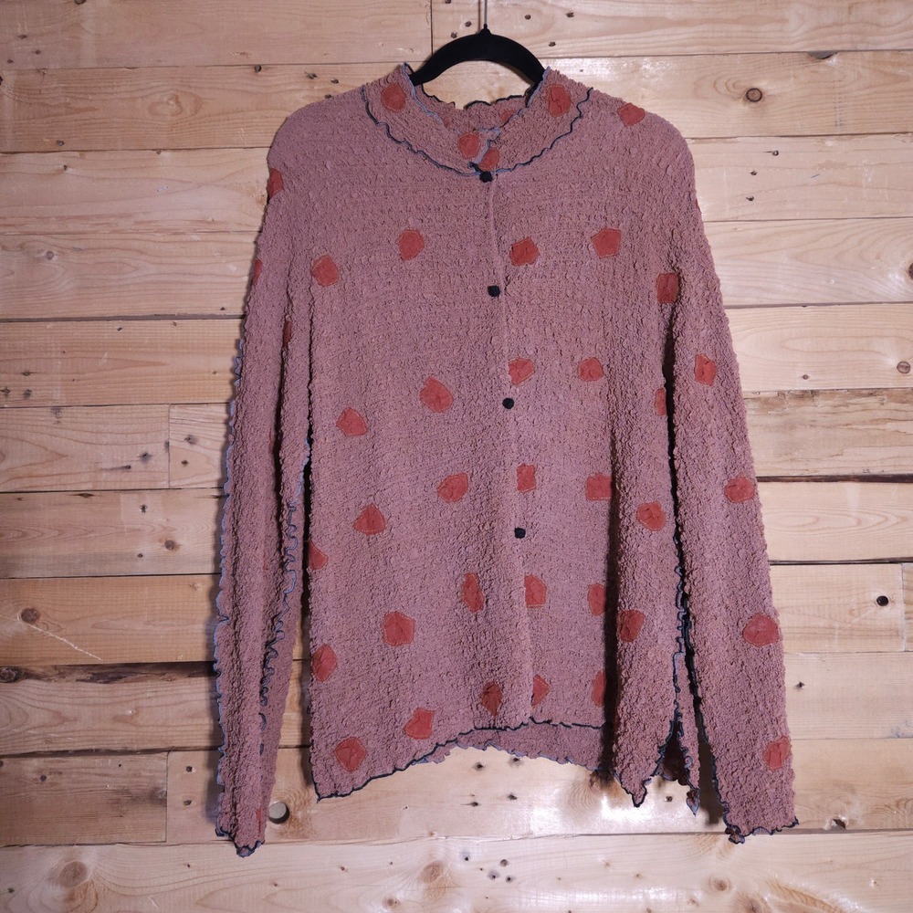 Deborah Cross Mauve Polka Dot Crinkle Textured Lettuce Edge Cardigan Top Jacket